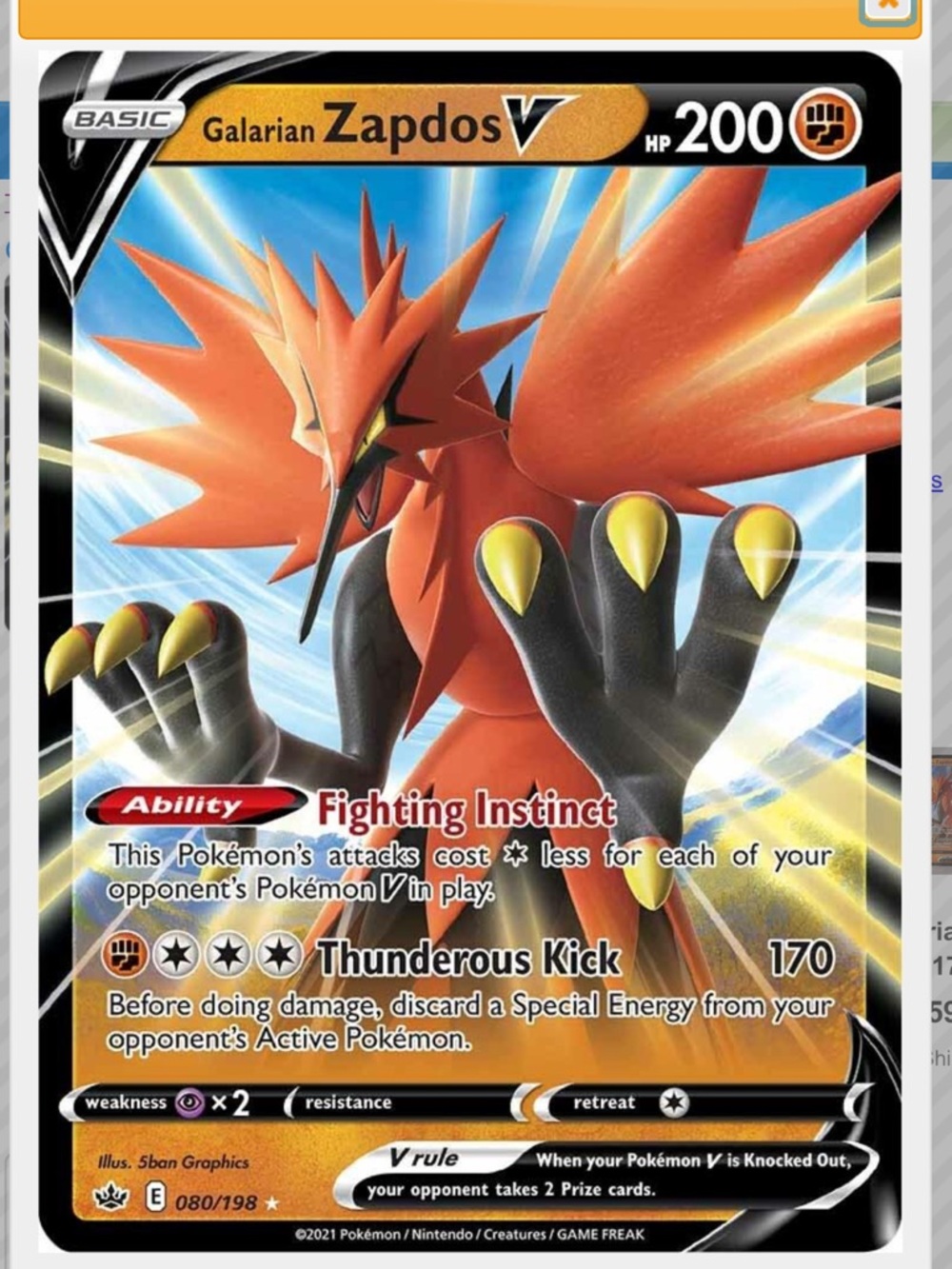 Galarian Zapdos V #80 Pokemon Chilling Reign
